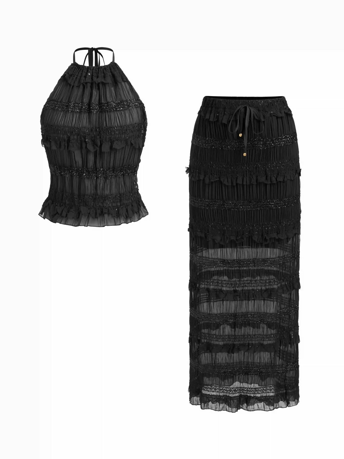 Jacquard Textured Ruffled Top & Mid Rise Bodycon Maxi Skirt Set