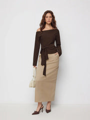 Asymmetrical Neck Belted Long Sleeve Top