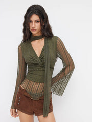 Texture V-neck Flare Sleeve Twist See-through Top With Scarf
