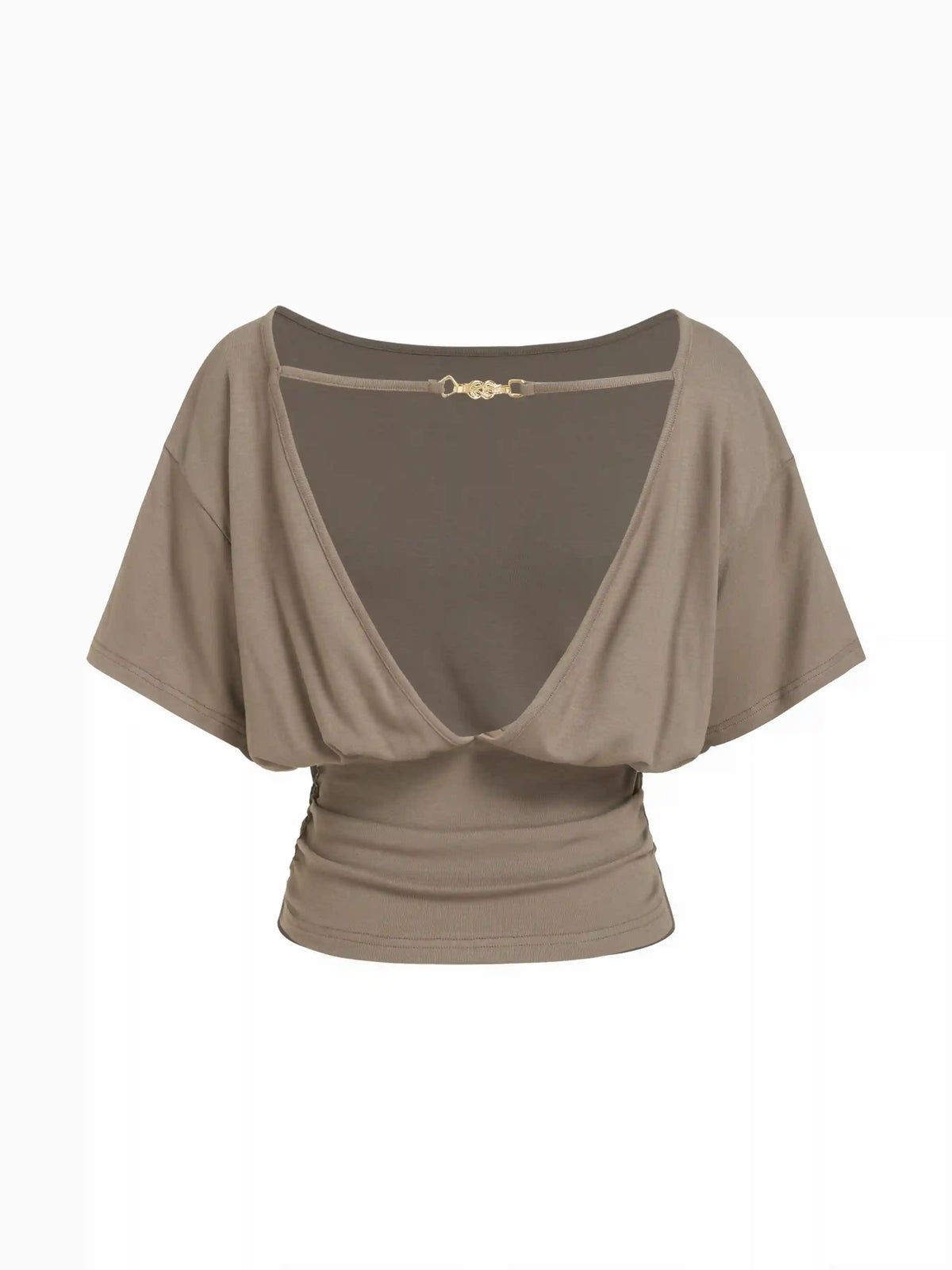 Boat Neck Batwing Sleeve Backless Drawstring Metal Detail Oversized Crop Tee