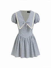 Cotton Gingham Puff Sleeve Asymmetrical Babydoll Mini Dress