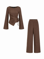 Texture Round Neckline Asymmetrical Hem Top & Mid Rise Elastic Waist Wide Leg Trousers Set