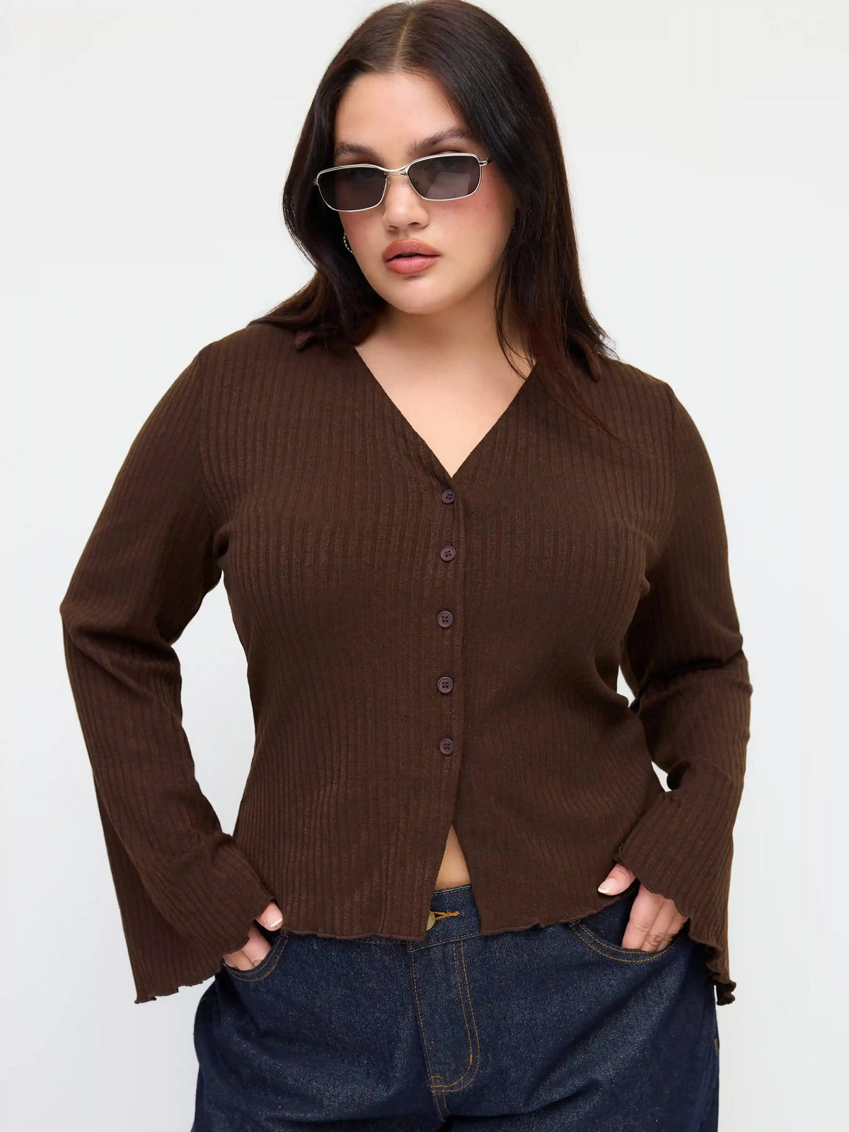 Collar Split Lettuce Trim Long Sleeve Top Curve & Plus
