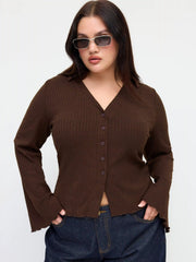 Collar Split Lettuce Trim Long Sleeve Top Curve & Plus