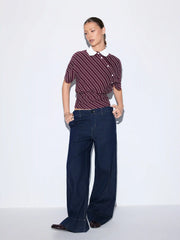 Cotton-blend Striped Short Sleeve Blouse With Ruched Hem