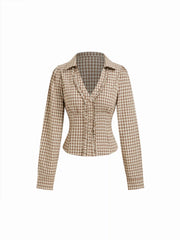 Cotton-blend Plaid V-neck Cinched Waist Lettuce Trim Blouse
