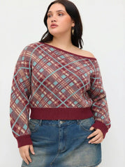 Knit Plaid Asymmetrical Neck Lantern Sleeve Top Curve & Plus