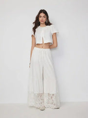 Mid Rise Drawstring Lace Trim Wide Leg Trousers