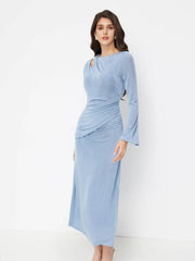Asymmetrical Neck Ruched Texture Metal Maxi Dress