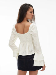 Jacquard Square Neck Bell Sleeve Lace Floral Ruffled Peplum Top