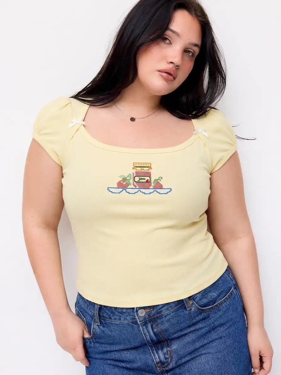 Cotton-blend Fruit Embroidery Bowknot Short Sleeve Tee Curve & Plus