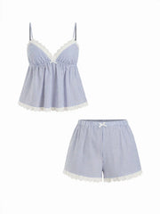 Cotton-blend Striped Sweetheart Lace Trim Cami Top & Mid Rise Shorts Loungewear Set