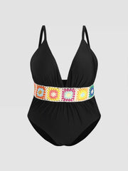 Color Crochet Corset Ruched One Piece Swimsuit Curve & Plus