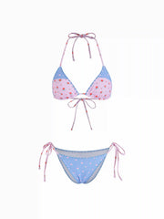 Floral Colorblock Halter Neckline Binding Trim Tie Side Triangle Bikini Set