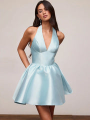 Satin Sculptural Halter Neckline Bowknot Mini Flared Dress