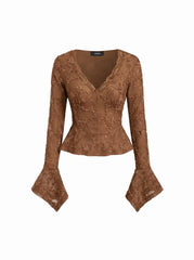 V-Neck Lace mesh Floral Long Sleeve Top