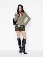 Brushed Fabric V-neck Bell Sleeve Ruffle Hem Button Top