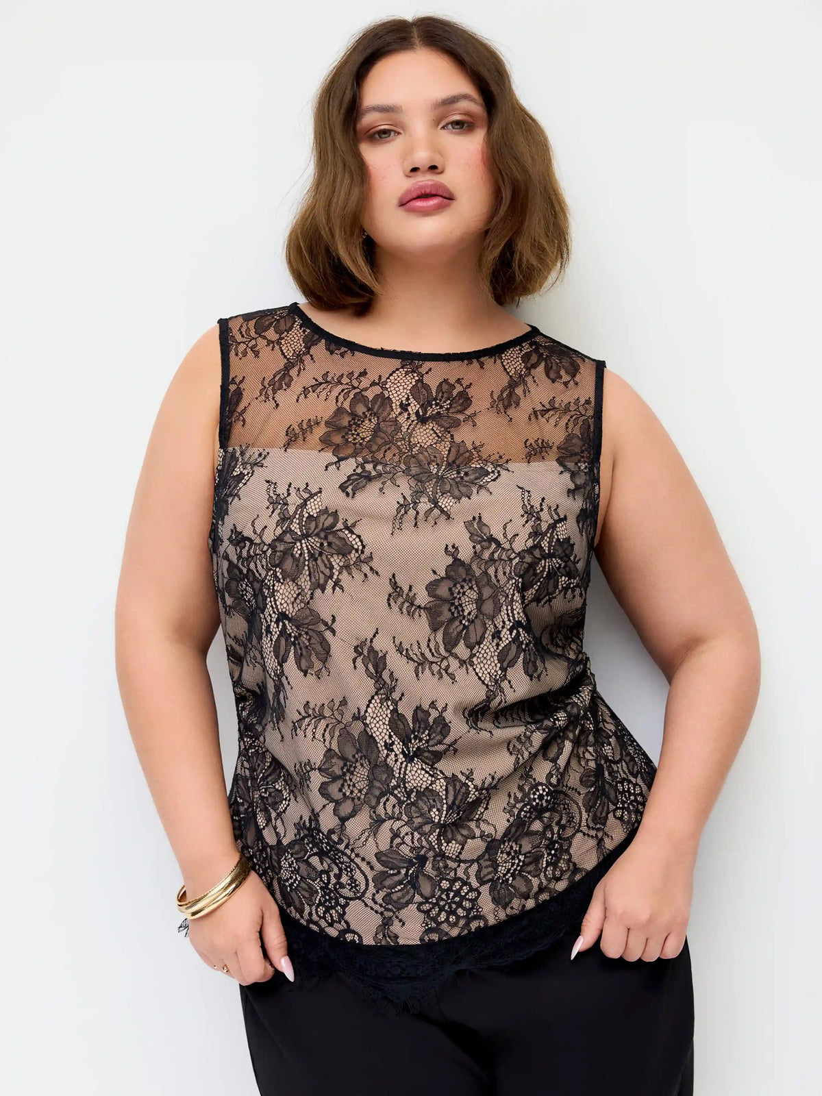 Lace Floral Ruched Ruffled Hem Tank Top Curve & Plus