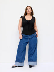 Cotton-blend Scoop Neck Lace Panel Tie-front Tank Top Curve & Plus