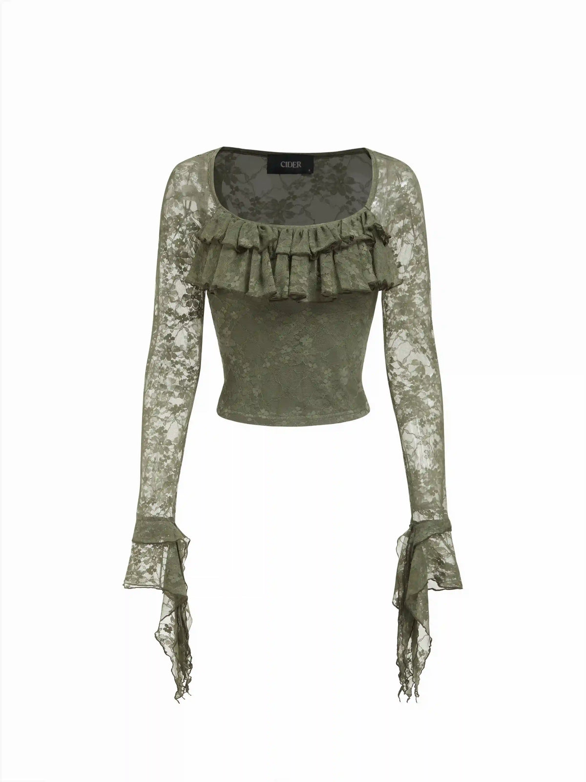 Lace Square Neck Ruffle Sleeve Crop Top