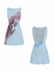 Mesh Floral Boat Neck Backless Chain Detail A-line Mini Dress