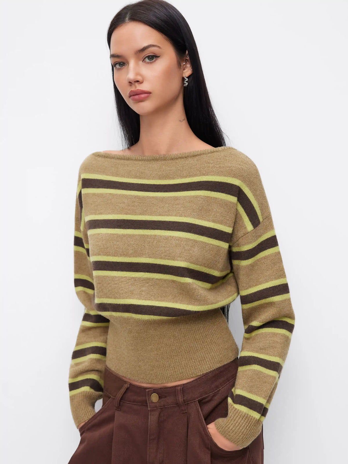 Knit Boat Neck Striped Long Sleeve Top