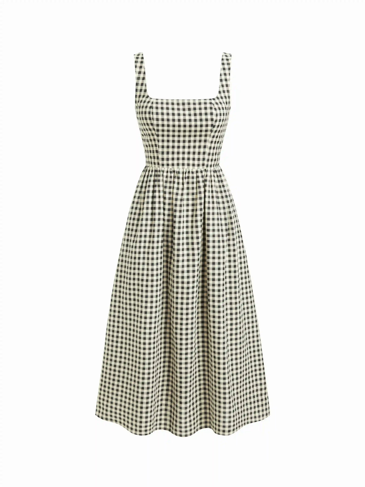 Cotton-blend Square Neck Gingham A-line Maxi Dress
