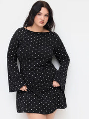 Cotton-blend Boat Neck Polka Dot Ruched Bell Sleeve Mini Dress Curve & Plus