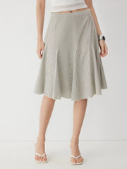 Cotton-blend Mid Rise Striped Pleated A-line Midi Skirt