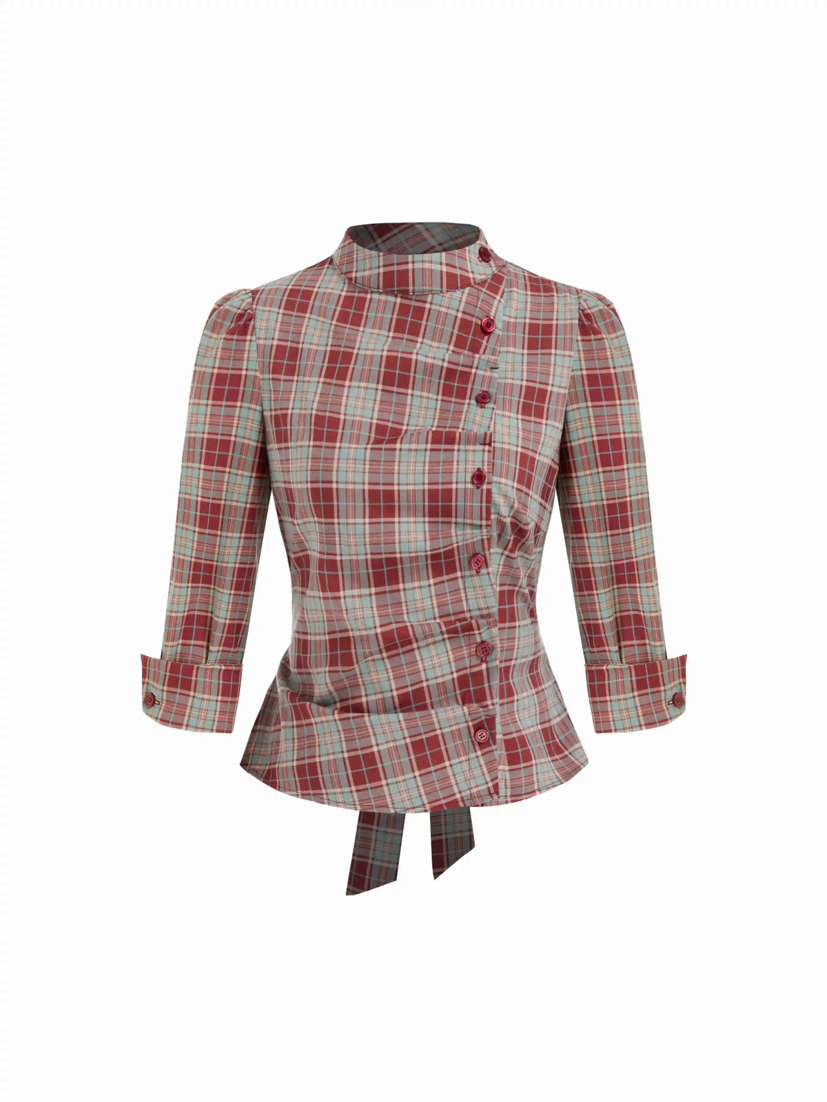 Plaid Stand Collar Asymmetrical Mid-length Sleeve Blouse