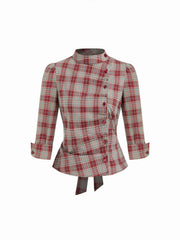 Plaid Stand Collar Asymmetrical Mid-length Sleeve Blouse