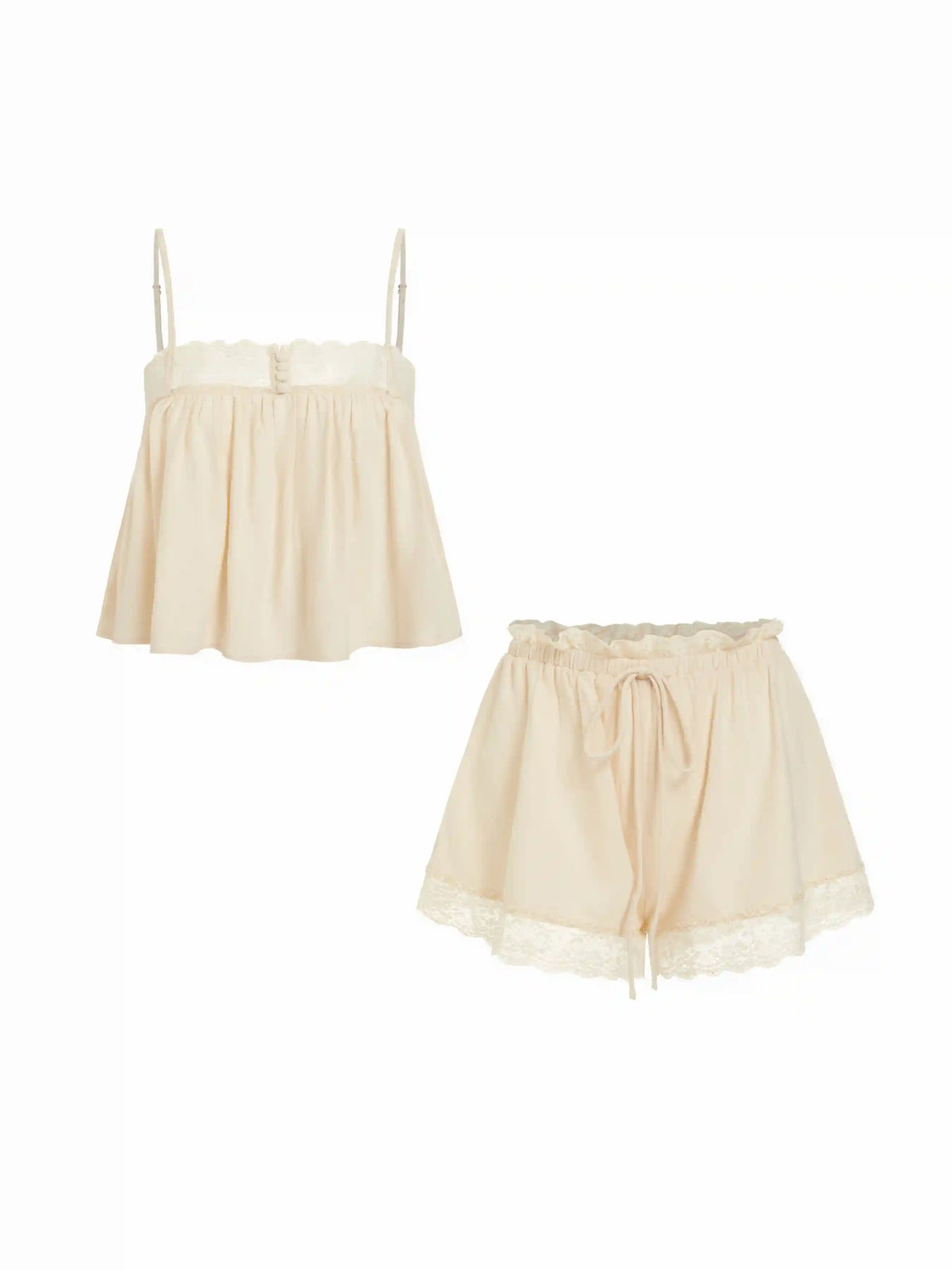 Lace Trim Crop Top & Mid Rise Drawstring Shorts Loungewear Set