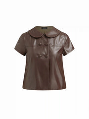 Faux Leather Peter Pan Collar Button Short Sleeve Crop Blouse