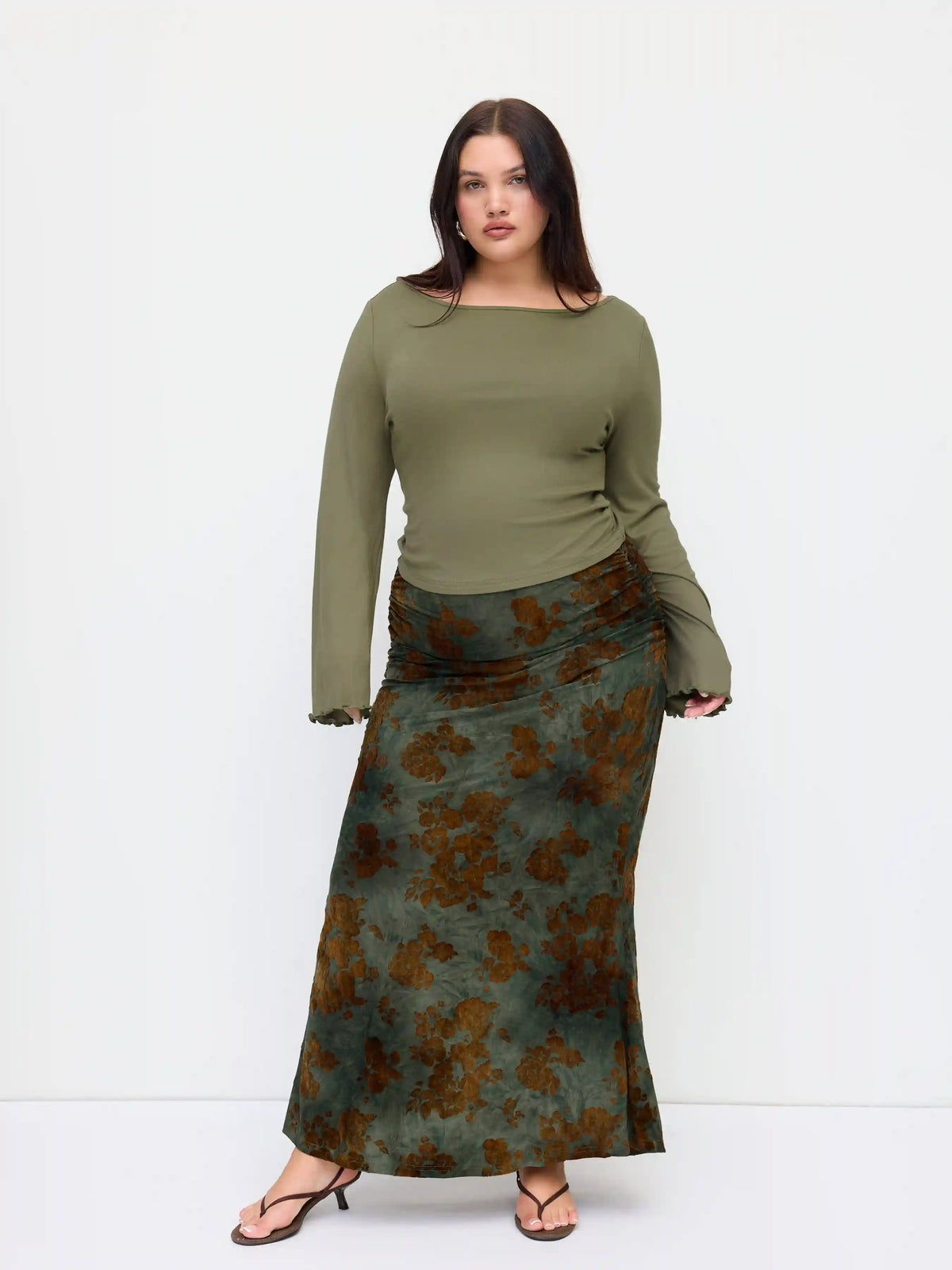 Boat Neck Long Sleeve Top & Mid Rise Floral Ruched Maxi Skirt Set Curve & Plus