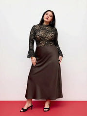 Floral Lace Stand Collar Ruffle Long Sleeve Bodysuit Curve & Plus