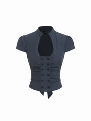 Cotton-blend Gingham Scoop Neck Puff Sleeve Ruched Drawstring Blouse