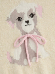 Knit Dog Graphic Round Neckline Bowknot Oversized Top