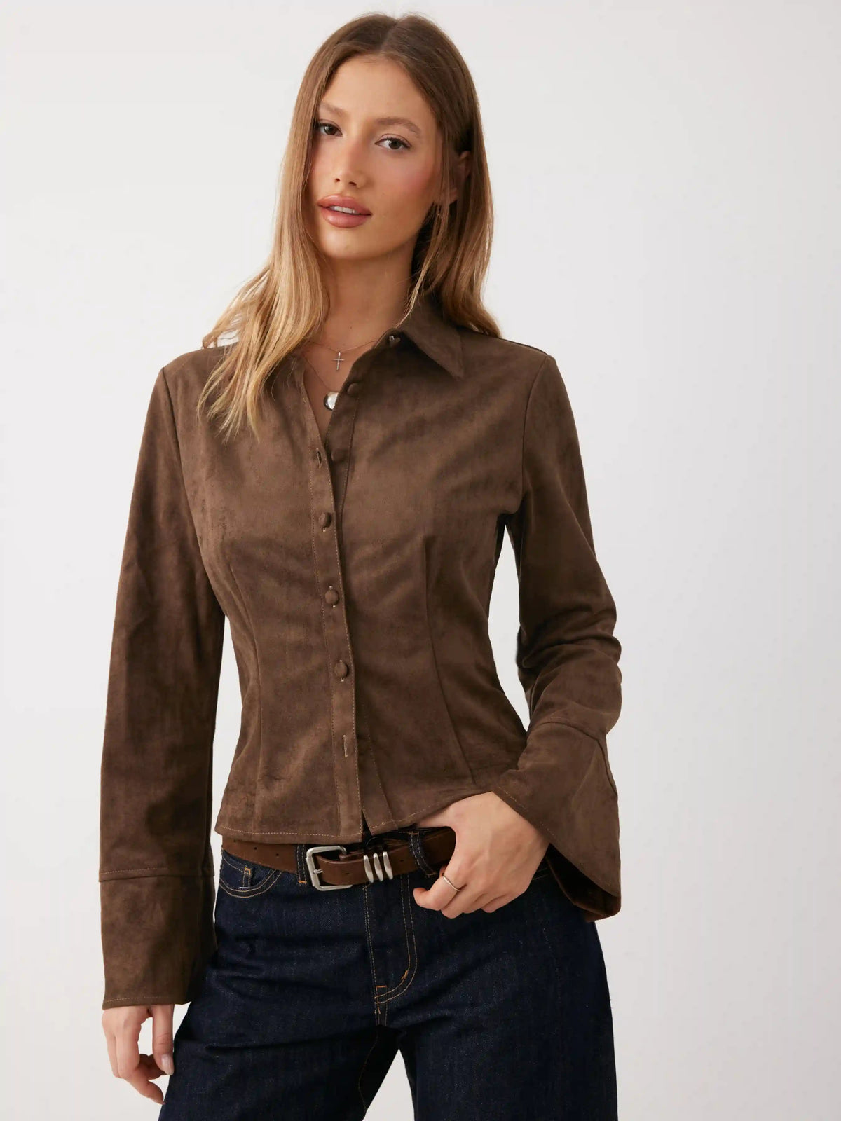 Suede Collar Pleated Bell Sleeve Blouse