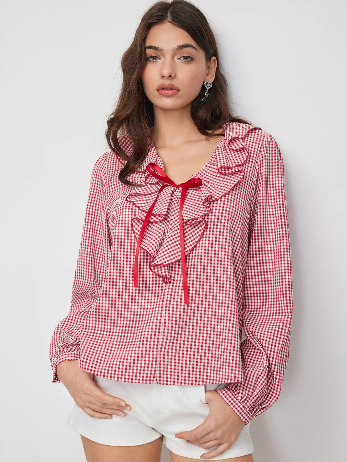 Gingham V-Neck Ruffled Lantern Sleeve Oversized Blouse