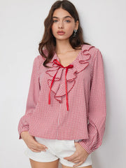 Gingham V-Neck Ruffled Lantern Sleeve Oversized Blouse