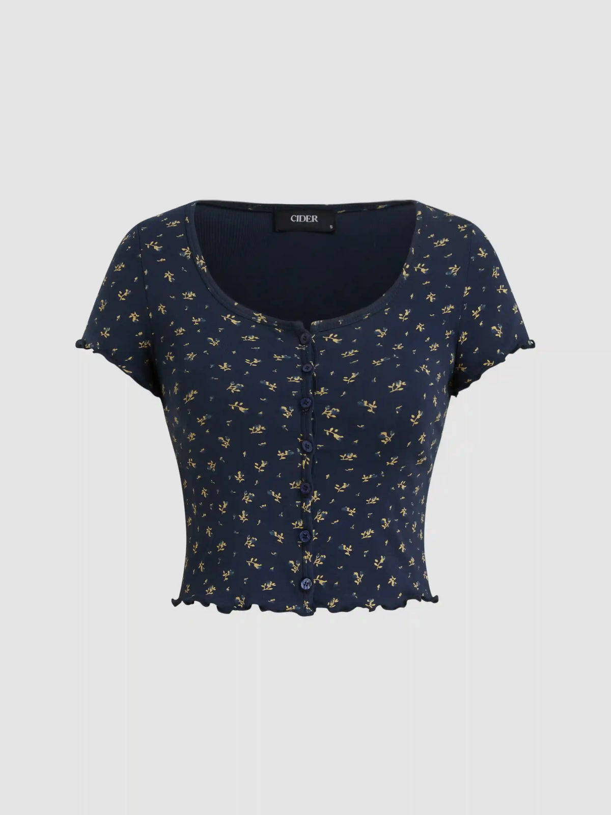 Cotton-blend Pointelle U-neckline Floral Lettuce Trim Short Sleeve Top
