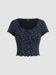 Cotton-blend Pointelle U-neckline Floral Lettuce Trim Short Sleeve Top