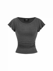 Round Neckline Ruffle Sleeve Ruched Waist Top