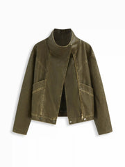 Faux Leather Collar Zip Through Oversized Jacket