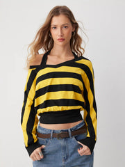 Cotton-blend Asymmetrical Neck Long Sleeve Striped Two Tone Top