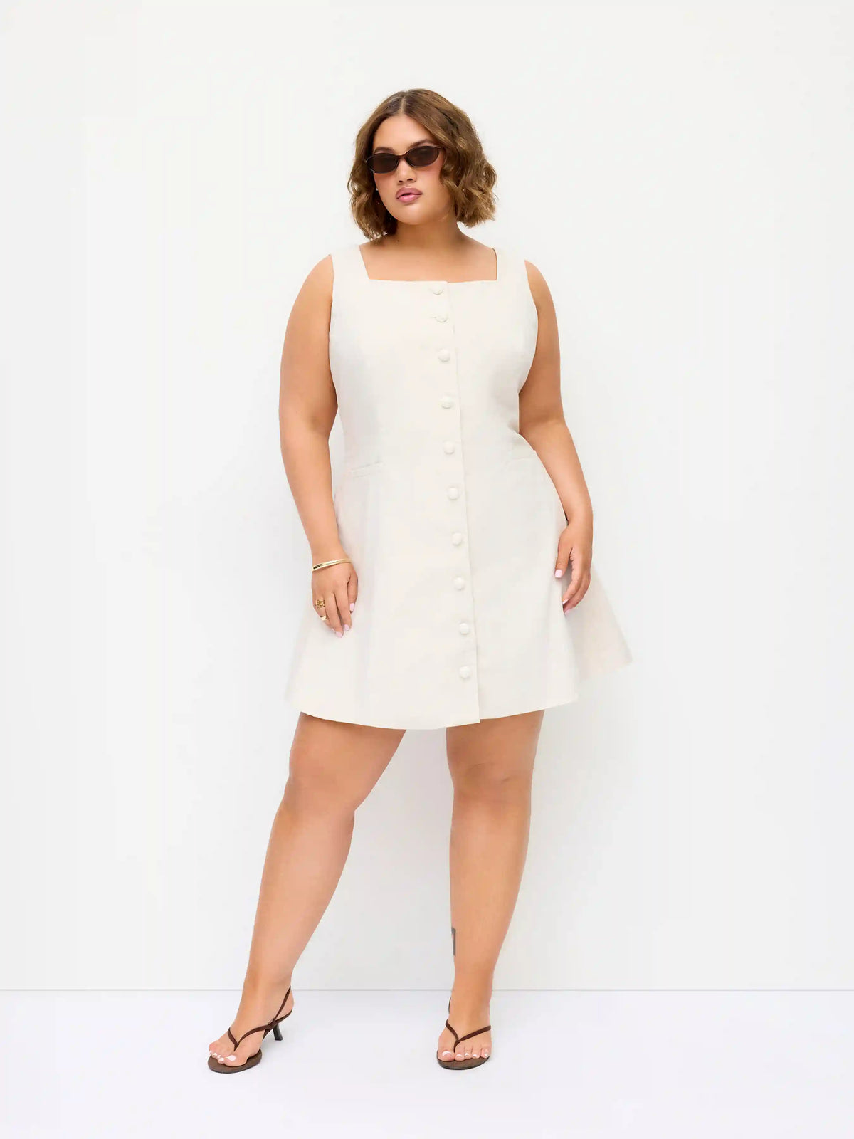 Linen-blend Braided Button Back Belt Square Neck Mini Dress Curve & Plus