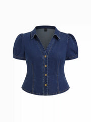 Stretch Denim Collar V-neck Short Sleeve Blouse Curve & Plus