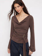 Cowl Neck Ruched O-ring Bell Sleeve Top