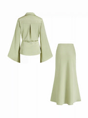 Satin Collar Knotted Flare Sleeve Top & Solid Maxi Skirt Set
