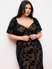Mesh Sweetheart Floral Lace Ruffled Top & Lettuce Trim Mermaid Maxi Skirt Set Curve & Plus